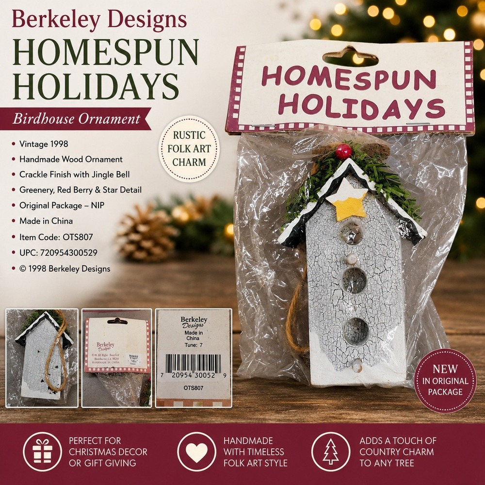 Berkeley Designs Vintage 1998 Homespun Holidays Wood Birdhouse Ornament OTS807